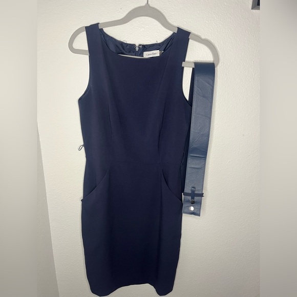 Calvin Klein Women’s Blue Sleeveless Sheath Midi Dress with Belt - Picture 1 of 7